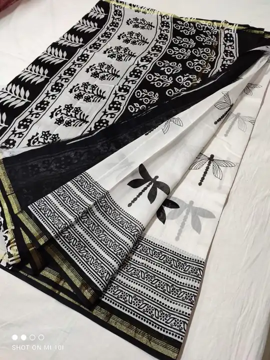 Handloom chanderi Balck and white Hand Block printed cotton silk saree with blouse  uploaded by Thocoss on 1/10/2024