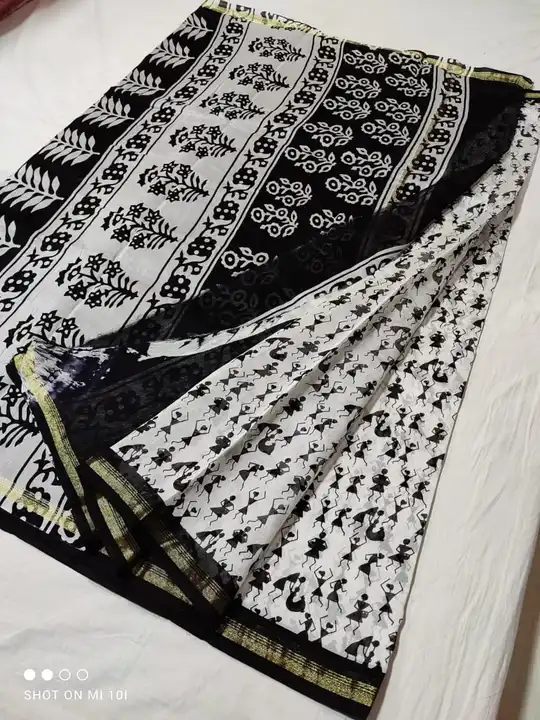 Handloom chanderi Balck and white Hand Block printed cotton silk saree with blouse  uploaded by Thocoss on 1/10/2024