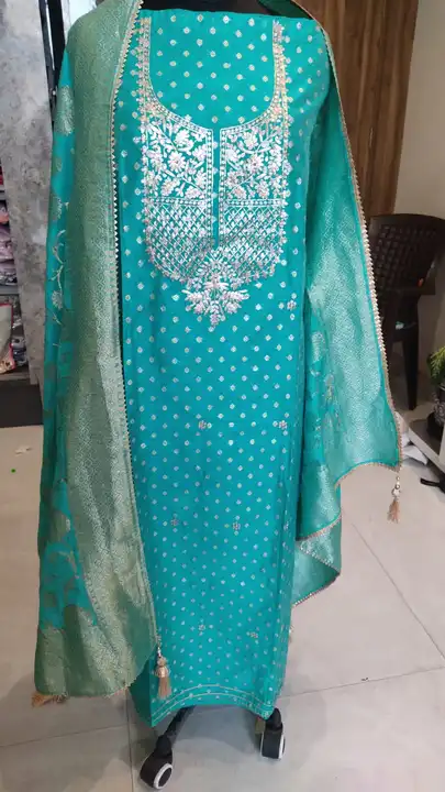 Post image Maheshwari silk suit with neck embroidery 
Plain bottom
Banarsi dupatta with tassels
Price Rs2499