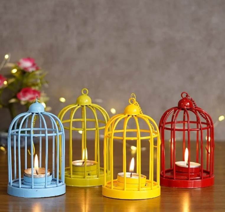 Beautiful Set of 4 Colors Cage Tea Light Holder Candle Stand with Hanging Chain (Size: 8 x 8 x 22.5  uploaded by business on 1/16/2024