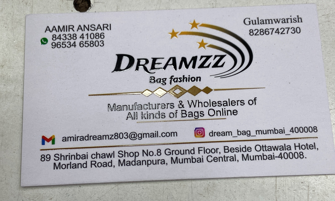 Visiting card store images of AA bag of manufacturing