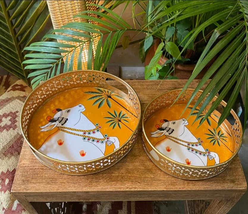 Round Tray Set of 2 Cow Pichwai Tray (Size = 8" and 10") | Best for Home Decor, Wedding Gift, Diwali uploaded by business on 1/18/2024