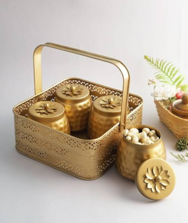 Square Shape Metal Basket with Jar Tray 4 Copper Flower Container Dry Fruits Chocolate Sweets Candys uploaded by business on 1/18/2024
