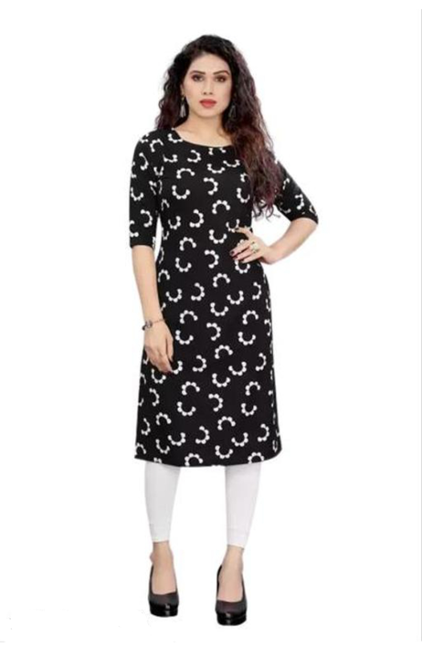 Post image Name: Women's Regular Fit Crepe Aline Kurti
Fabric: Poly Crepe
Sleeve Length: Three-Quarter Sleeves
Pattern: Printed
Combo of: Set
Sizes:
S (Size Length: 42 in) 
M (Size Length: 42 in) 
L (Size Length: 42 in) 
XL (Size Length: 42 in) 
XXL (Size Length: 42 in) 

Size Declaration: Please choose Garment size that is two inches more than your body measurement. Eg:- For Bust size 36(S), Select Garment size 38(M).
Country of Origin: India