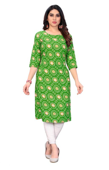 Post image Name: Women's Regular Fit Crepe Aline Kurti
Fabric: Poly Crepe
Sleeve Length: Three-Quarter Sleeves
Pattern: Printed
Combo of: Set
Sizes:
S (Size Length: 42 in) 
M (Size Length: 42 in) 
L (Size Length: 42 in) 
XL (Size Length: 42 in) 
XXL (Size Length: 42 in) 

Size Declaration: Please choose Garment size that is two inches more than your body measurement. Eg:- For Bust size 36(S), Select Garment size 38(M).
Country of Origin: India
