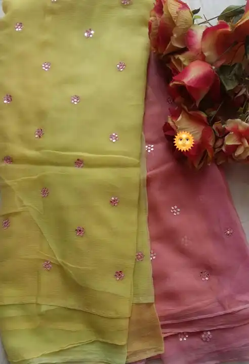 9983344462.  Super sale offer

Nazmin shifon Pure mirror work saree 
Running blouse 

*Price 550+$   uploaded by Gotapatti manufacturer on 1/23/2024