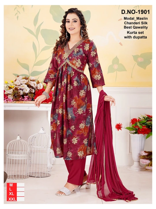 Exclusive Designer Collection of Modal Maslin Chanderi silk Aliya cut kurta set with dupatta  uploaded by Utsav Kurti House on 1/24/2024