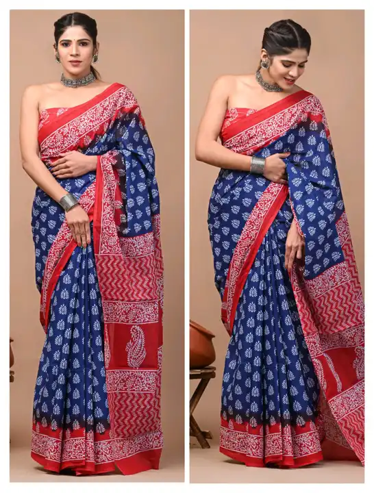 Hendblock printed cotton sarees reseller contact me WhatsApp 9509935717 uploaded by Radhika handicraft on 1/27/2024