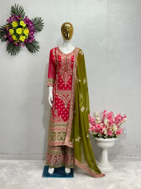 *NEW DESIGNER HEAVY FUAX GEORGETTE GREEN PAKISTANI  SUIT*   *RATE :  1450  FABRICS DETAIL #TOP FABRI uploaded by Marwadi Businessmen on 1/31/2024