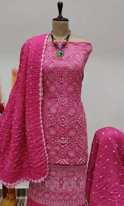 COTTON SATIN LAKHNAWI WITH MIRROR WORK BANDHNI DRESS MATERIALS uploaded by ICON DRESSES on 2/1/2024