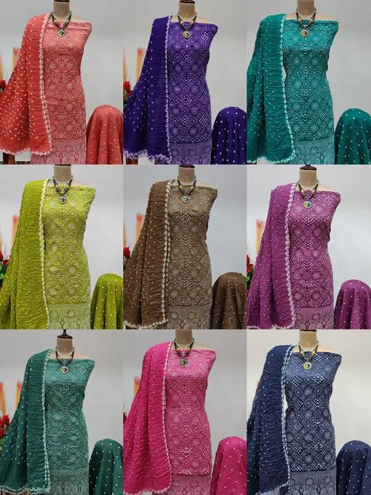 COTTON SATIN LAKHNAWI WITH MIRROR WORK BANDHNI DRESS MATERIALS uploaded by ICON DRESSES on 2/1/2024