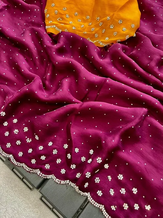 Sattin chiffon saree with real diamond saree uploaded by business on 2/1/2024