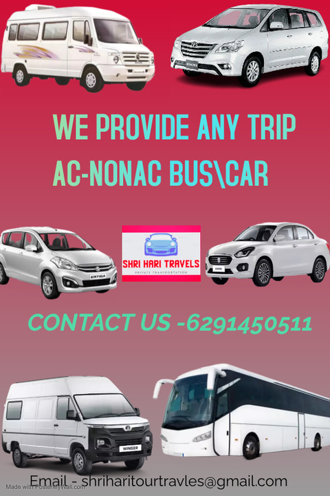 Post image 🚌🚗 Shri Hari Travels 🚗🚌 
Planning a trip? Need reliable transport services? Look no further, we've got you covered! Shri Hari Travels offers dependable and comfortable car and bus services for any trip. 
👥 For bookings and inquiries, please do not hesitate to contact us at 📞6291450511. 
Travel safe, travel with Shri Hari Travels. Your journey, our responsibility! #Travel #CarService #BusService #ShriHariTravels