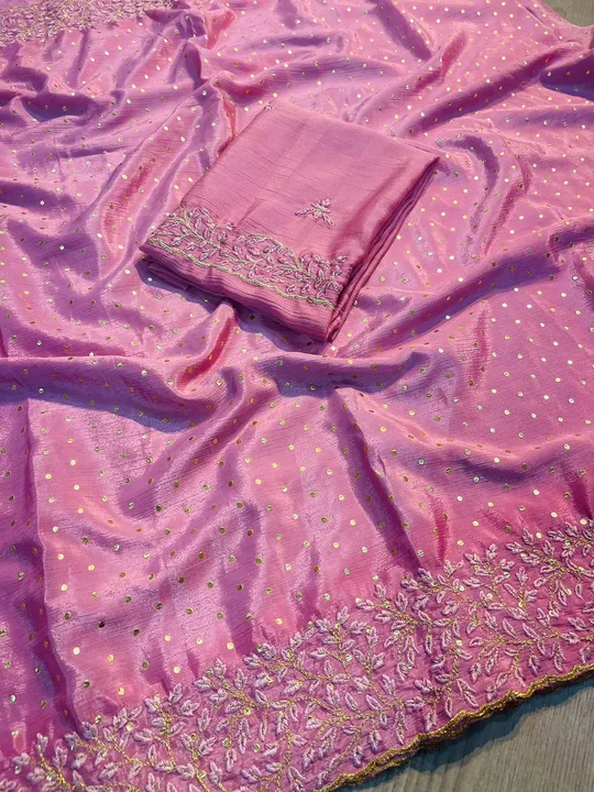 Pure chinnon saree pigment foil multi embroidery work uploaded by Suyukti Creation on 2/6/2024