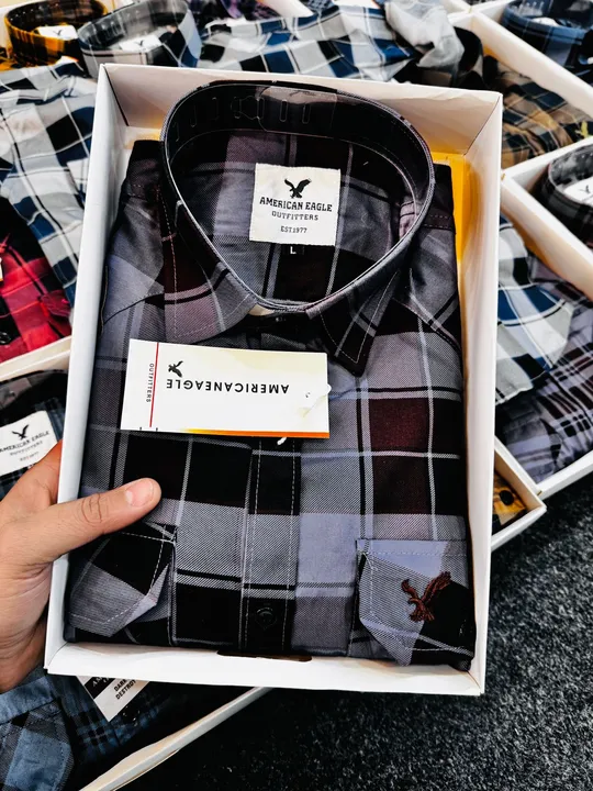 Brand :-AMERICAN EAGLE 🦅 
CHECKS CARGO SHIRT
Fabric: 100% Cotton
Shades 18
Sizes M L XL
BOX  packed uploaded by  Biggest shirt manufacture T square🥼  on 2/7/2024