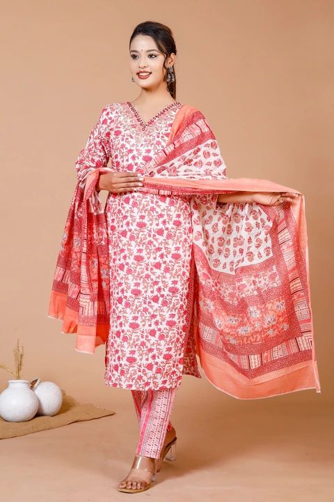 Cambric Cotton 60×60 Neck work Dupatta set uploaded by Swastik creation on 2/10/2024
