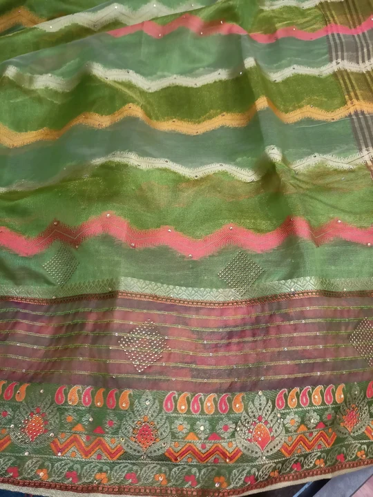 laheriya zig zag sarees woven sequin organja with latkans stone work and unstitched blouse piece uploaded by business on 2/14/2024