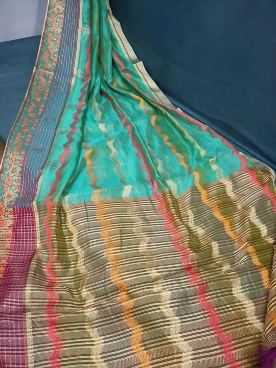laheriya zig zag sarees woven sequin organja with latkans stone work and unstitched blouse piece uploaded by Silk creations on 2/14/2024