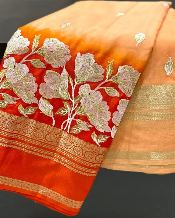 Post image Premium Quality Banarasi Dyeable Kataan Georgette Silk Saree... with Beautiful Embroidery work...
Dual Colour Dye Combination..
Soft fabric best quality..