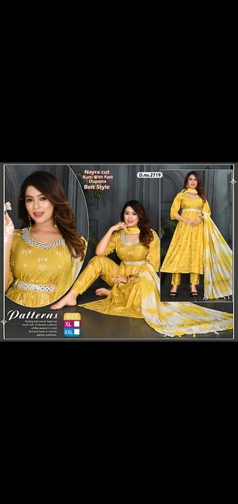 Rayon 3 pcs kurti pant duppatta sets fancy printed embroidery full selves belt style  uploaded by Radha Creation , Maira sales for Readymade items on 2/23/2024