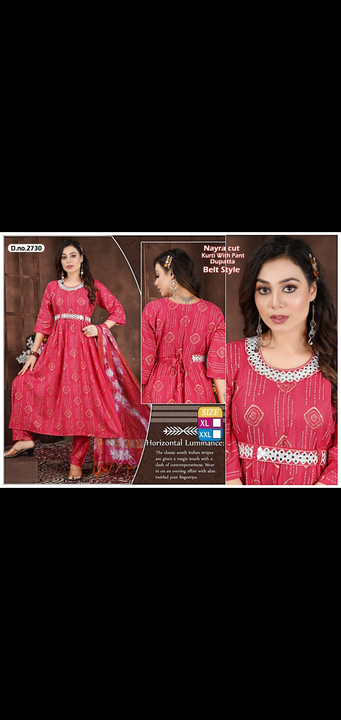 Rayon 3 pcs kurti pant duppatta sets fancy printed embroidery full selves belt style  uploaded by Radha Creation , Maira sales for Readymade items on 2/23/2024