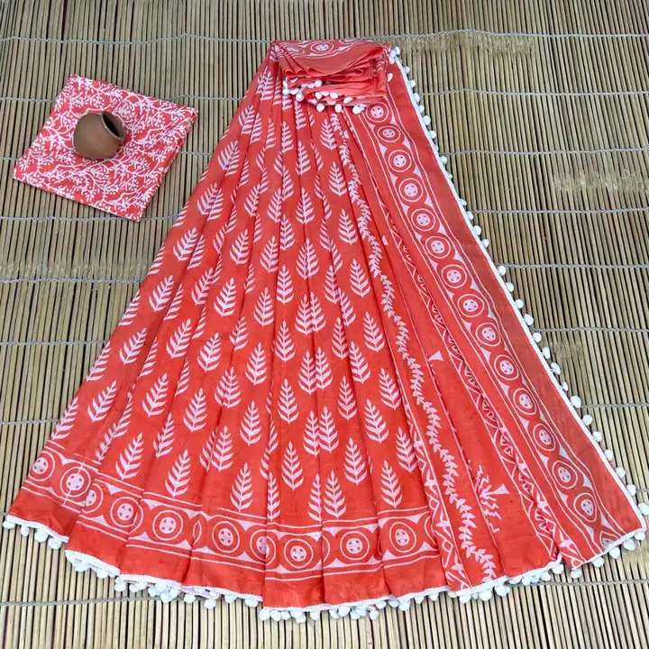 Cotton mulmul saree with Pompom lace  uploaded by The print house  on 2/24/2024