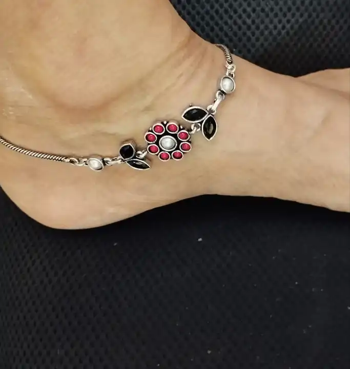 Silver plated stone anklets uploaded by Ishna Collections ; +91 8334956789 on 2/25/2024