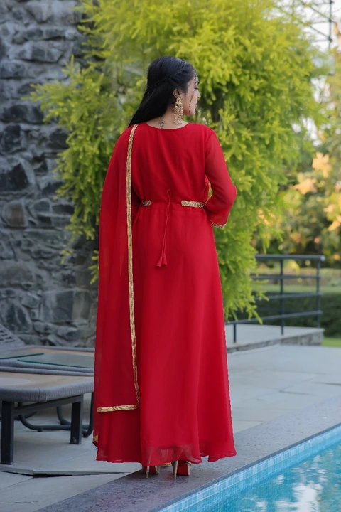 Glamour Red Round Neck Gown with Belt uploaded by Meervaa on 2/25/2024