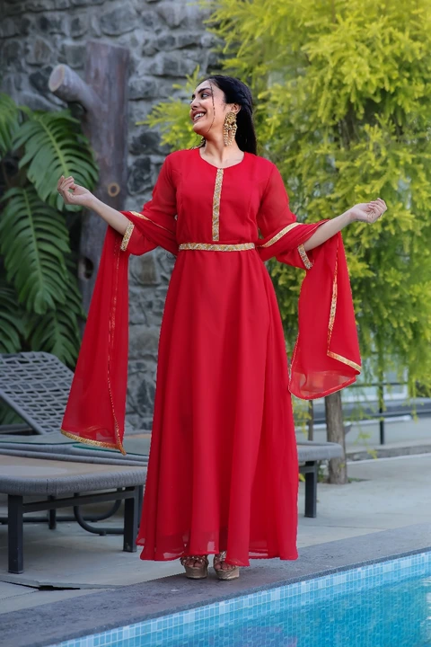 Glamour Red Round Neck Gown with Belt uploaded by Meervaa on 2/25/2024