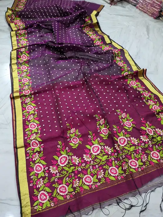 Moslin emboidary work saree uploaded by Das Saree Mohal on 2/25/2024