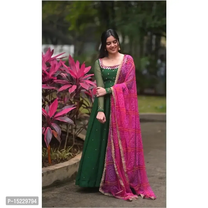 Green colored Georgette Gown with Dupatta
 uploaded by Sai Store  on 2/26/2024