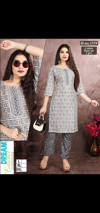 2 pcs cotton sets pant and kurti sets printed full seleves embroidery work uploaded by Radha Creation , Maira sales for Readymade items on 2/27/2024