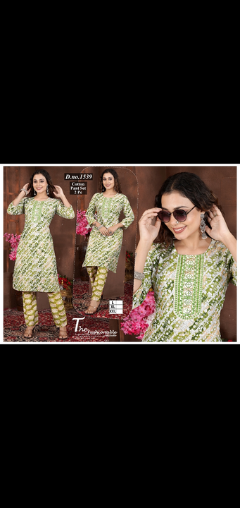 2 pcs cotton sets pant and kurti sets printed full seleves embroidery work uploaded by Radha Creation , Maira sales for Readymade items on 2/27/2024