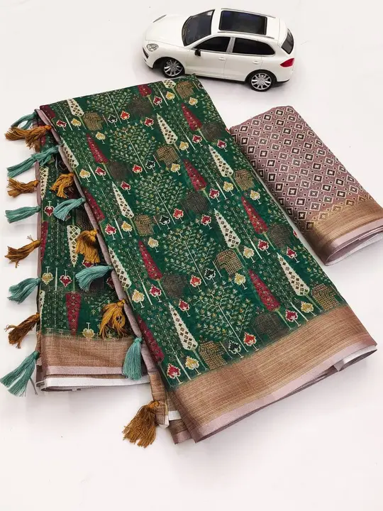 Linen With Gold jari patta with Digital print.
 uploaded by Kesari Nandan Fashion saree and dress material on 3/12/2024