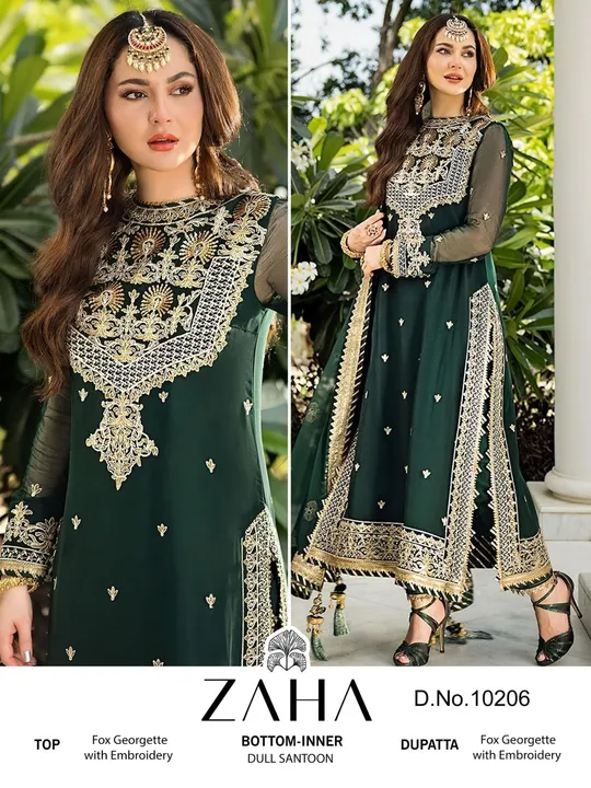 Post image 🙏🏻Dear
        Sir/Madam...
Thanks for your support.🤗
🎁Today we are launching Pakistani  Concept...

ZAHA
💕
DNO-10153💕 

      👇🏻Fabric details 👇🏻

👗 Top : GEORGETTE WITH HEAVY EMBROIDERED 

👖Bottom   :SANTOON 

🏳️‍🌈Dupatta : NAZMIN WITH HEAVY EMBROIDERED

🏳️‍⚧️INNER :- SANTOON 
                                                                     
 Rate 1399/-

🚚Dispatch *_reday_* 🚚

Regards 
ZAHA