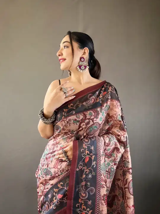 Post image Description  - Italian Digital printing technology on cotton weaves. The fabric is soft and easy to drape.
Beautiful pallu and border all over the saree with tassels 

Blouse as shown in videos.

Ready stock available.