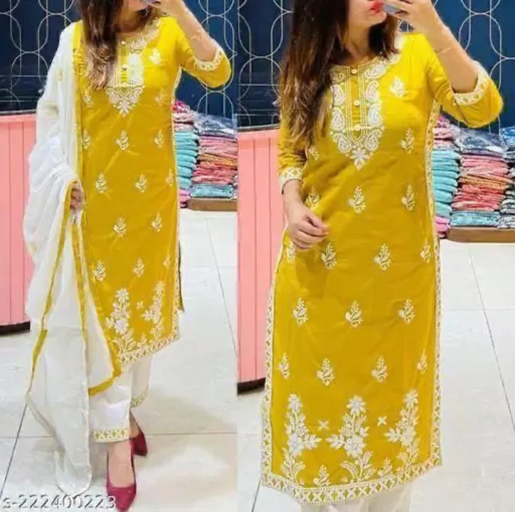 Post image *New launch*
💃🏽 *Cotton bright colour chicken embroidery on kurti Pant and full Embriodary on duppatta specailly designed for you*

*💃 *Heavy premium Cotton fabric Kurti with heavy embroidery on kurti and mulmul duppatta Pant and mumul Dupatta -In very fine Quality cotton Fabric*💃💃
⭐Size: *M/38, L/40, XL/42, XXL/44,*
⭐Fabric: **Cotton 60.60🚀🚀🚀🚀🚀*
⭐Product: *Kurti + Pant + Dupatta* 
⭐Work: *Embroidery Work*
⭐Type: *Fully stitched*
⭐️ *colour= 5** *
👗✅👗👗✅👗✅👗✅👗👗✅👗✅👗✅👗👗✅✅👗👗✅👗👗✅👗✅👗✅👗✅👗✅👗-No less*-