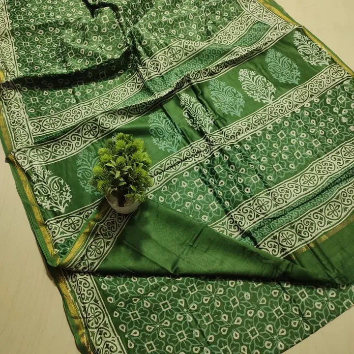 Post image ```New stock available``` 👌🏻👌🏻👌🏻

 _Beautiful hand block "soft mulwari print” chanderi saree &amp; fancy "plane blause pc" with paiping jari border_ 

 _Material- half silk half cotton
👉 _Only first time dry clean &amp; second time normal home washibal_ 

Order now- 🛍️🛒91 9584959309