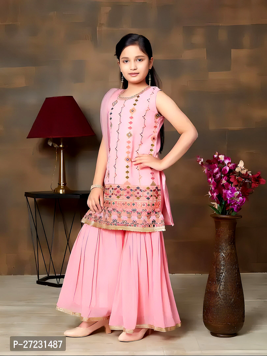 Girls Ethnic Wear Thread Embroidery With Lace Border Georgette Kurti Sharara Set uploaded by ABiS Enterprises on 3/21/2024