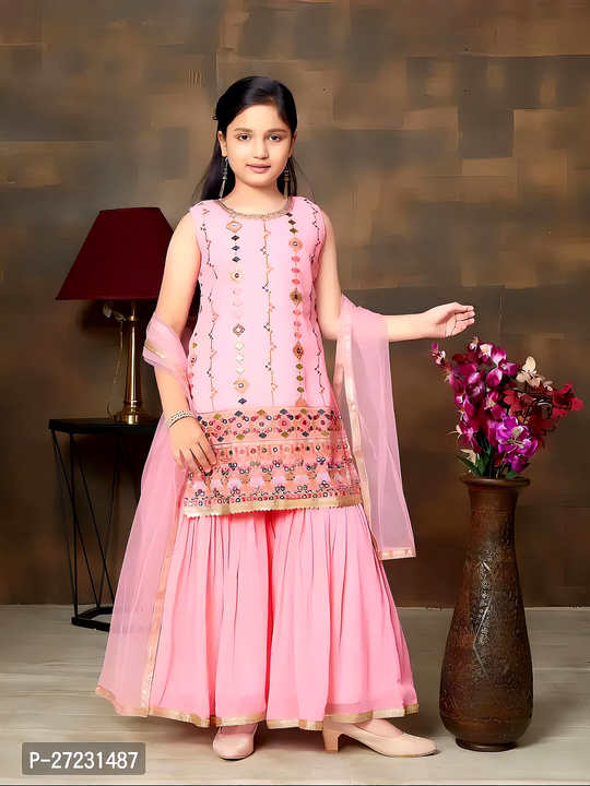 Girls Ethnic Wear Thread Embroidery With Lace Border Georgette Kurti Sharara Set uploaded by ABiS Enterprises on 3/21/2024