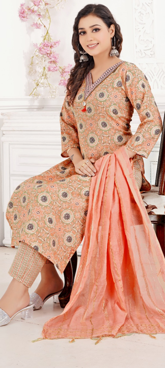 Exclusive designer kurta set with dupatta in Reon foil14kg print  uploaded by Utsav Kurti House on 3/21/2024