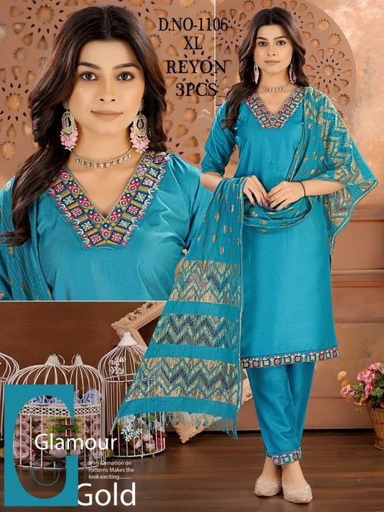 3 pcs kurti pant and dupatta sets l xl full seleves embroidery work printed full work uploaded by Radha Creation , Maira sales for Readymade items on 3/21/2024