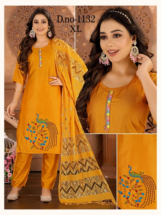 3 pcs kurti pant and dupatta sets l xl full seleves embroidery work printed full work uploaded by Radha Creation , Maira sales for Readymade items on 3/21/2024