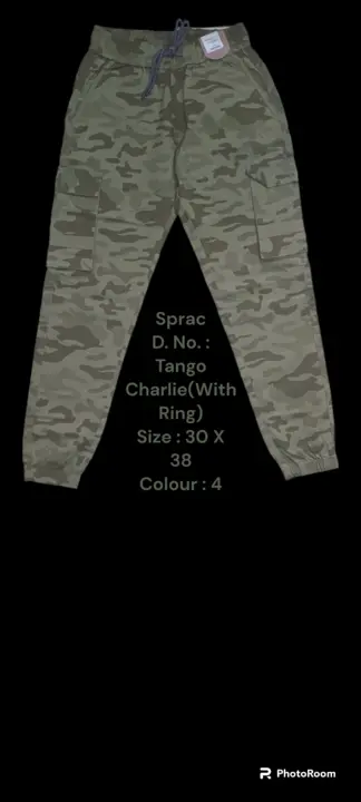 Post image Sprac Tango Charlie With Ring 
Size : 30 X 38 
Colour : 4
Material : Camo. Lafer Twill
Fitting : Leisure Fit
Rate : 590/- + GST