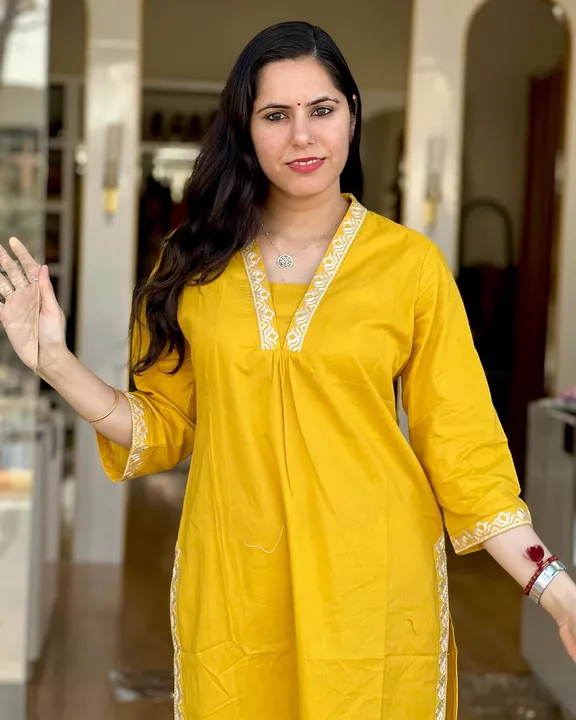 Post image *New launch🥰🥰*

Very classy decent &amp; sober pc summers special Mustard Kurti set in  fabric cotton 60 60 with beautiful contrast white Embroidery 🪡 🪡 🪡 work
*Colour - Mustard Yellow 💛*

*Kurti pant Details-* 
*Fabric:-cottan 60/60* 

*Work Embroidery 🪡🪡🪡🪡 work*
*Kurti Length:46*
*Pant length:-39*

*Size: 38,40,42,44,46*

*PRICE - 745 Free shipping*

*Ready to dispatch keep posting*