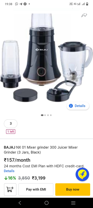 Post image Bajaj NX01 300w mixer grinder (3 JARS, BLACK)
ONLINE AVAILABLE AT 3100RS AND ABOVE BUT MY PRICE AT ONLY 1400 RS...... HURRY BOOK NOW limited quantity available.... Contact for details and other queries 7707833101