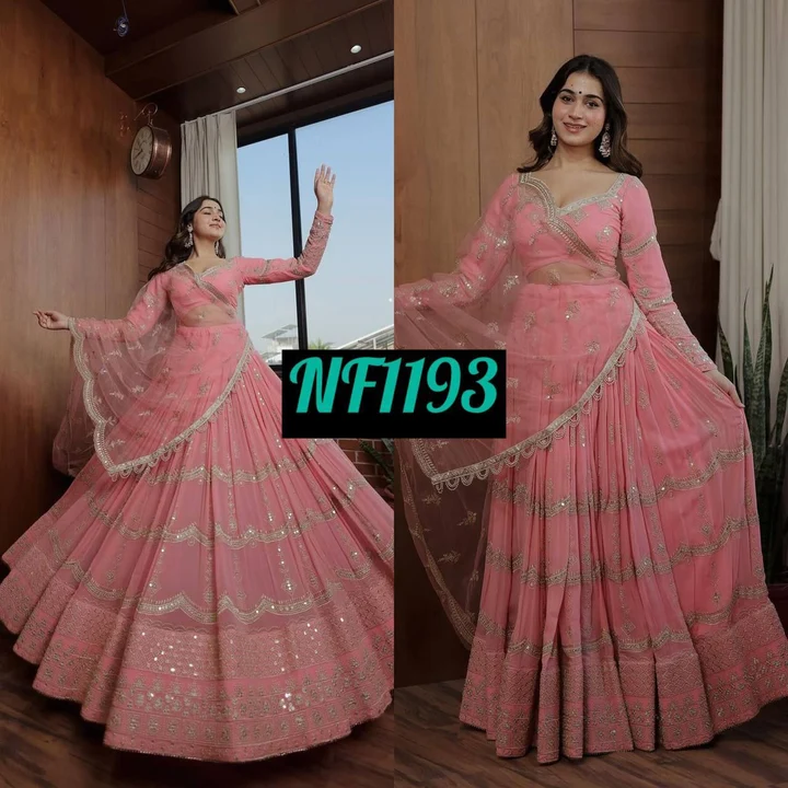 Post image *NF-(1193)* 

💕*Presenting New  Đěsigner Lehenga -Choli  In New Fancy Style*👌💕

💃*Lehenga Fabric :-*  Heavy Faux Georgette Material And 5mm Sequence Embroidery Work.
💃*Lehenga Flair:* *3mtr*
💃*Lehenga Inner :* Micro Cotton
💃*Lehenga Length :* 40-41 Inch 
💃 *Lehenga Work* :- Multi Needle Work, *Sequence 5mm Work* Embroidery Work, Zari Work. Less

💃*Blouse Fabric:* Heavy Faux Georgette Material and 5mm Sequence Embroidery Work
💃 *Blouse Work* :- *Sequence 5mm Work*, Multi Needle Work, Embroidery Work, Zari Work. 

💃*Dupatta Fabric :* Heavy Faux Georgette Material With 5mm Sequence Embroidery Work. (dupatta size 2.30 meter)

💃 *Size* :- ( Blouse Unstitched ) *( Lehenga Length 40-41 Semi Stitched )*

⚖️ *Weight*    : 1kg

*👉RATE :-1450+$*

Rm96 with shipping for 1 piece

💕*One Level Up*💕
👌*A One Quality*👌