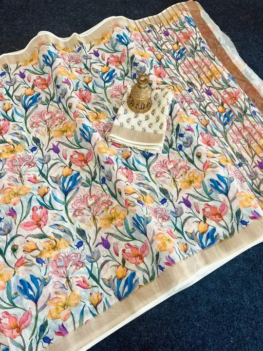 Linen with gold jari border uploaded by Kesari Nandan Fashion saree and dress material on 4/1/2024