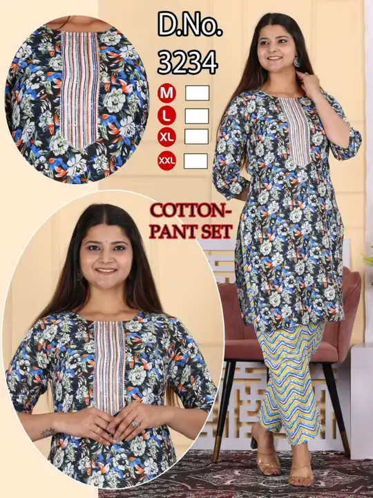 Post image ⭐ Beautiful collection for Women's and Girls in Jaipuri Cotton Fabric Kurti withPant  🥳🥳🥳🥳🥳🥳🥳🥳
       
👉 Jaipuri Cotton fabric kurti Pant Beautiful Gotta work on kurti
 👉Size- M to XXL                                                          
👉Size original no claim                                     👉 Kurti Leanth 40+ &amp; Pant Leanth 37+
 👉Wash Care--Hand wash and easy wash only
Same day dispatch.     
🙏🙏🙏