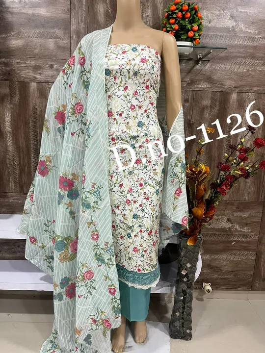 Cotton suit with flowers print and Daman lace uploaded by business on 4/4/2024